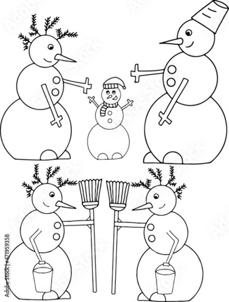 Fototapeta A set of two snowmen subject vector illustrations. Picture for coloring. (Family of snowmen, snowman with broom and bucket)