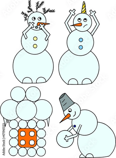 Fototapeta Two color subject vector illustrations of snowmen. Snowman unicorn. Snowman builds a snow house.