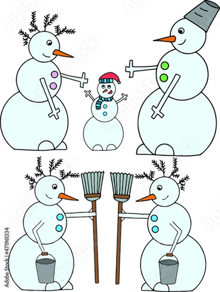 Fototapeta Two color subject vector illustrations of snowmen. A family of snowmen. Snowman with a broom and a bucket.