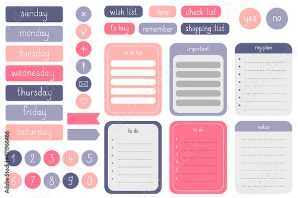 Obraz A set of elements for a notepad, planner, diary. Stickers for scrapbooking. To-do list, frames, bookmarks, frames, days of the week, numbers. Vector illustration