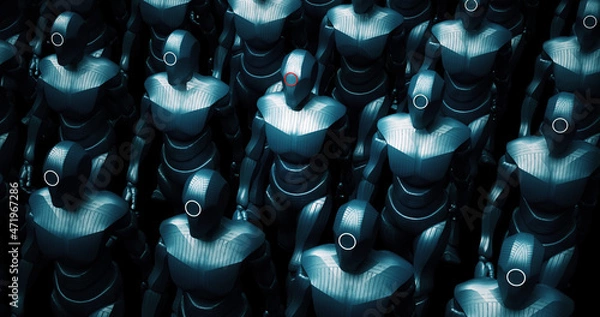 Fototapeta Bionic AI Robot Army Getting Ready To War. Leader Is In The Center. Technology Related Abstract 3D Illustration Render.