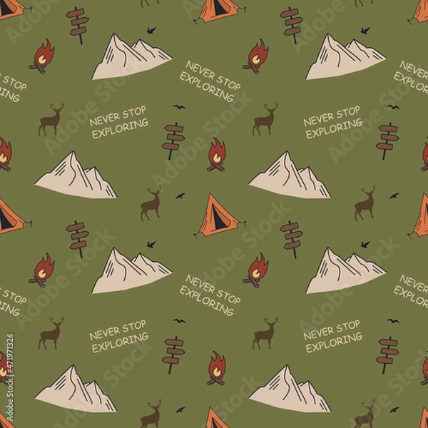 Obraz Seamless pattern with mountains, tents and a campfire. Camping concept. For printing on fabrics, notebooks and other purposes.