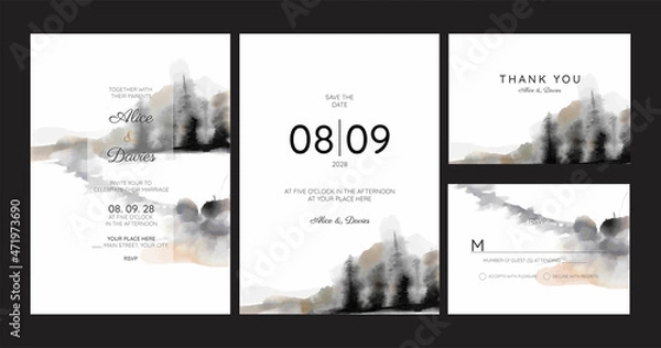 Fototapeta wedding invitation with winter landscape theme, watercolor technique