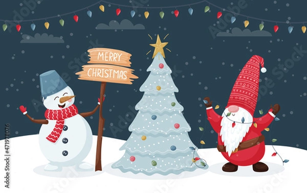 Fototapeta Christmas card with cute smiling gnome with a garland and a snowman with a Merry Christmas sign decorate a Christmas tree. Color vector illustration with flat cartoon characters on a dark background.
