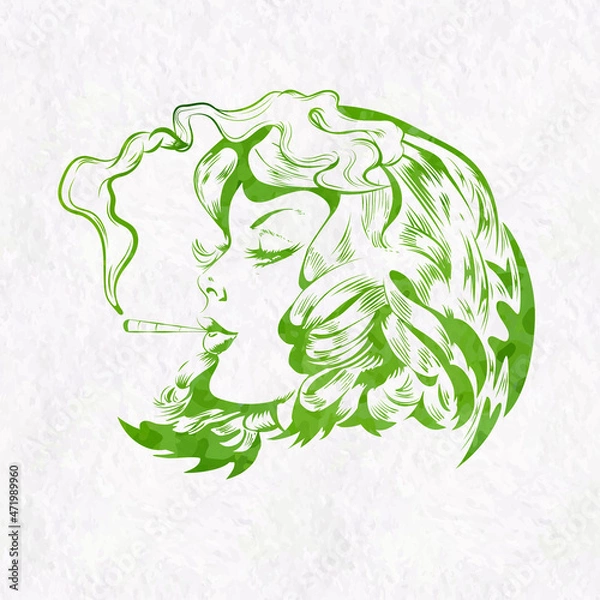 Fototapeta Woman portrait watercolor. Girl cannabis smoker. Lady long hair smoke a joint with marijuana