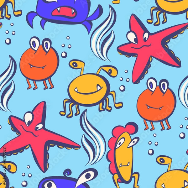 Obraz Seamless pattern with funny monsters living in the sea