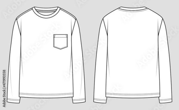 Obraz Oversized long sleeve shirt. T-shirt round neck. Fashion sketch. Flat technical drawing. Vector illustration.