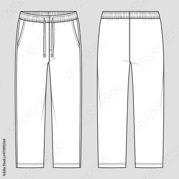 Fototapeta Loungewear pants. Pants with elastication and a drawstring at the waist and side pockets in a relaxed style. Men's home wear. Vector technical sketch. Mockup template.