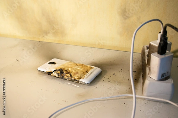 Fototapeta Smartphone battery explosion as a result of a long charge