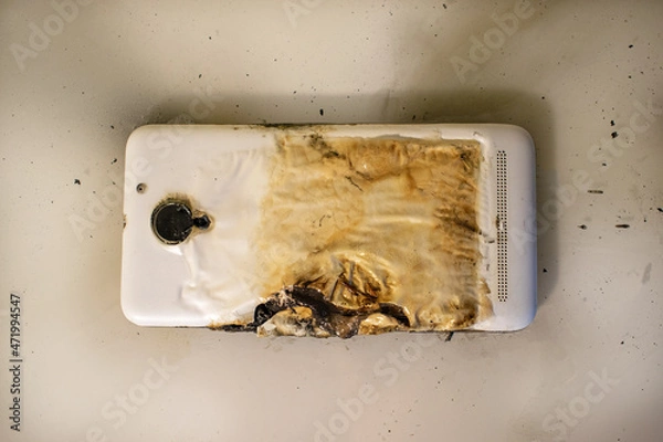 Fototapeta Fire consequences. Top view on a burnt mobile phone white on the table