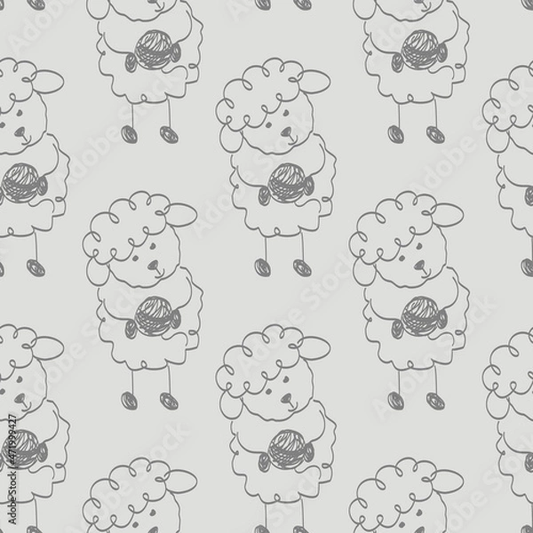 Fototapeta Seamless pattern with icon simple of cute lamb sheep holding a ball of wool