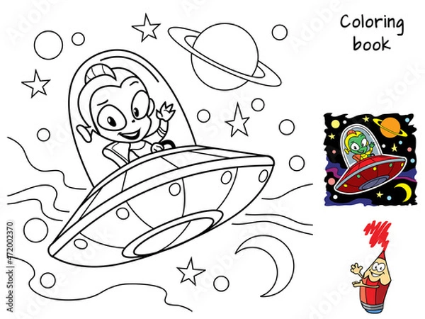 Obraz UFO with a green alien. Coloring book