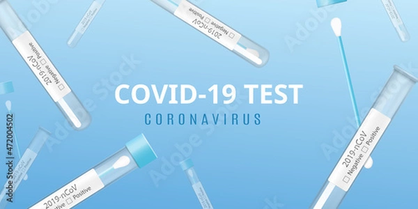 Fototapeta Covid-19 coronavirus test banner with test tubes, realistic vector illustration.