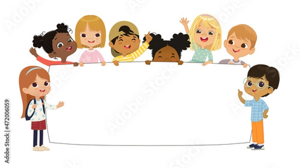 Fototapeta Multicultural kids hold a blank board. Cute little kids on a white background. Show a blank poster for text entry. Banner. Cartoon Vector illustration. Isolated.