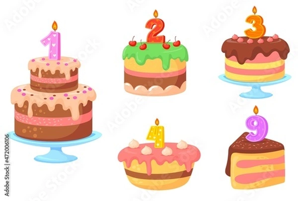 Fototapeta Cake candle numbers. Birthday cakes with celebration candles, colorful delicious cream desserts, holiday party decoration, congratulations children, cute cartoon neat vector
