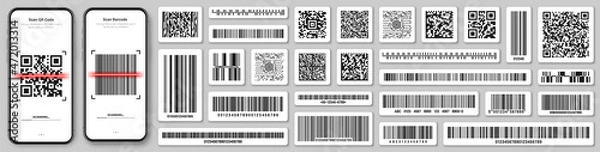 Fototapeta Product barcodes and QR codes. Smartphone application, scanner app. Identification tracking code. Serial number, product ID with digital information. Store, supermarket scan labels, vector price tag.
