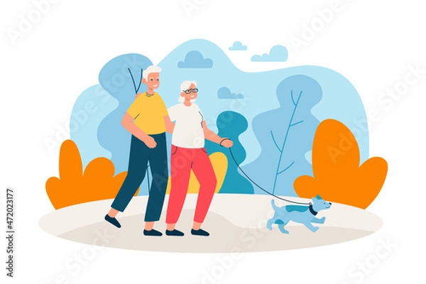 Obraz Elderly couple walking in park with a dog. Happy aged man and woman spending time together outdoors. Active retirement, sport and healthy lifestyle concept. Modern flat vector illustration