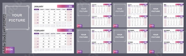 Fototapeta Calendar for 2024. Week starts on Sunday. Set of 12 pages. Vector design template with place for photo.
