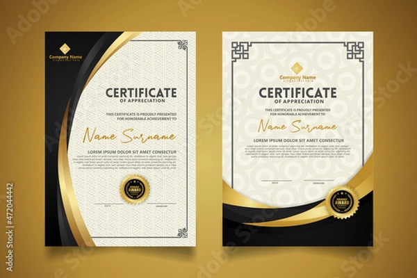 Fototapeta certificate template with classic frame and modern pattern, diploma, vector illustration