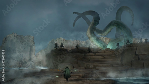 Fototapeta Digital painting of a dark summoning ritual calling an evil sea creature - Fantasy 3d illustration