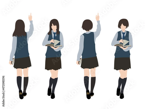 Obraz イラスト素材：本を読む女子生徒の全身イラストセット（前後の立ち姿）