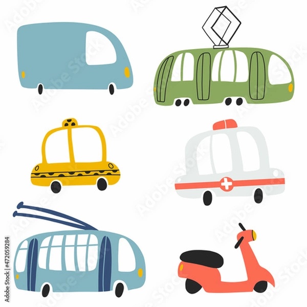 Fototapeta Vector illustration of tram, minibus, taxi, ambulance, trolley, scooter isolated on white background in cartoon hand drawn style. Childish transport icon for nursery, baby apparel, textile and product