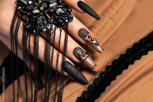Obraz Nail design with black and beige nail polish with rhinestones.