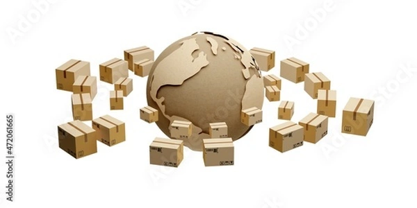 Fototapeta Cardboard boxes or parcels surrounding paper globe isolated on white background, international transportation, freight or cargo shipping business concept