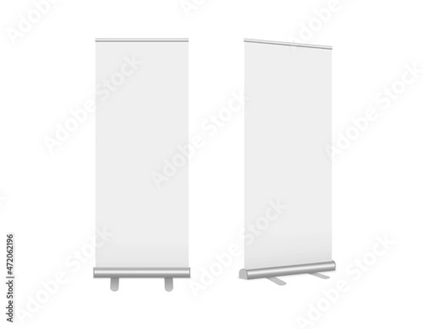 Fototapeta Roll-Up banners set. Vector realistic Mock-up. Vertical templates for branding, conferences, exhibitions, shows. Mobile classic advertising stands on legs isolated on white. EPS10.