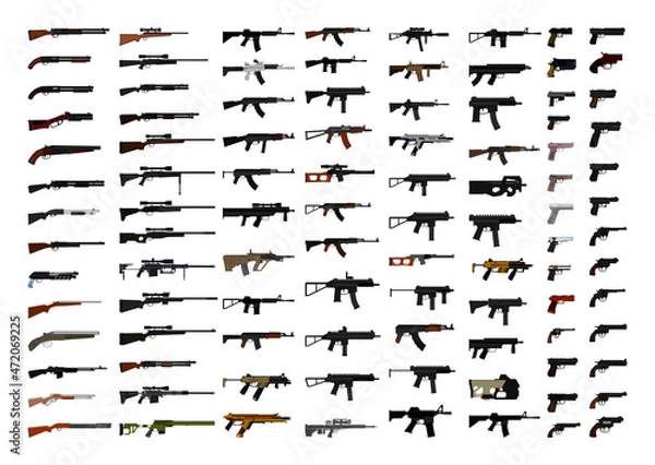 Obraz Collection of realistic firearms. All types of machine guns, pistols, rifles. Detailed illustrations.