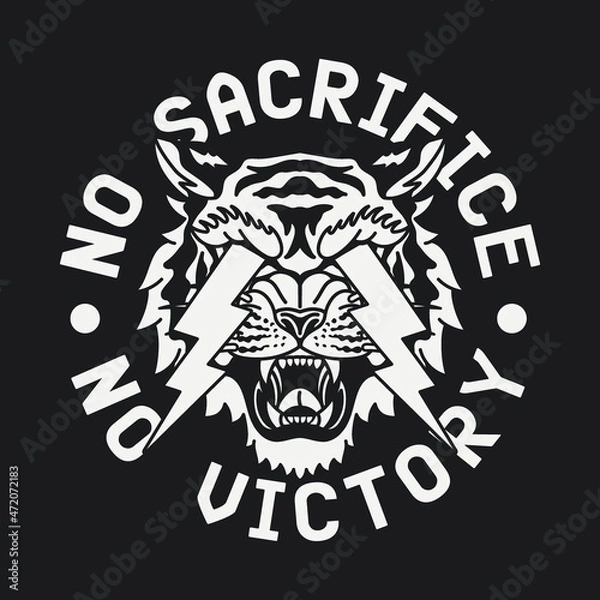 Fototapeta Black and White Lightning Eyes Tiger with No Sacrifice No Victory Slogan Vector Artwork on Black Background for Apparel and Other Uses
