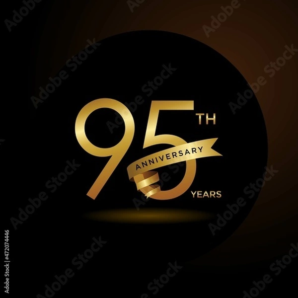 Fototapeta 95th anniversary logotype with gold ribbon. Golden anniversary celebration emblem design for booklet, leaflet, magazine, brochure poster, web, invitation or greeting card. Vector illustrations. EPS 10