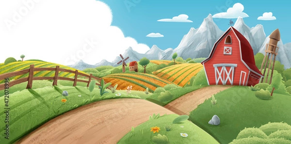 Obraz illustrated landscape of a farm for background spring