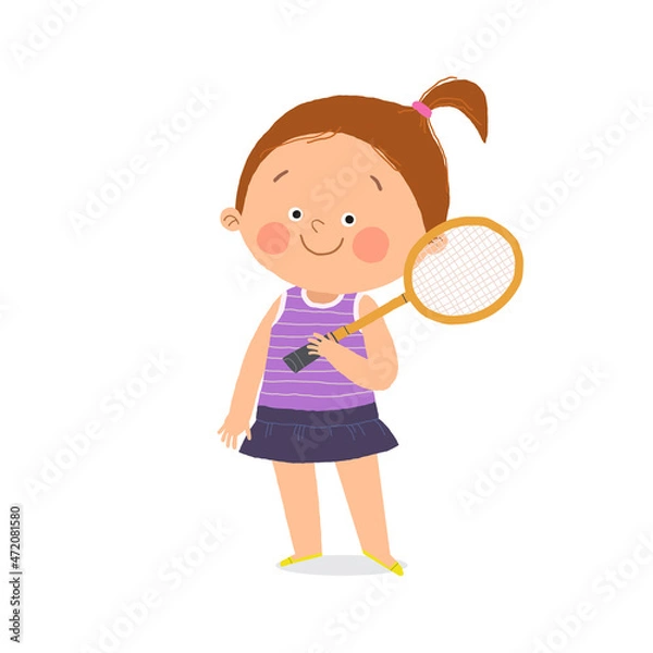 Fototapeta Cute little girl standing with badminton racket. Children activities. Cartoon vector hand drawn eps 10 illustration isolated on white in a flat style.