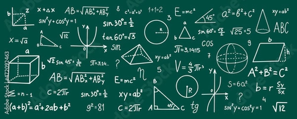 Fototapeta Hand drawn math symbols. Math symbols on green background. sketch math symbols