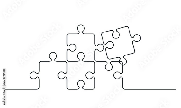 Fototapeta Continuous one line drawing of pieces of jigsaw on white background. Vector illustration for banner, template, poster, backdrop, web, app. Black thin line of puzzle icon.