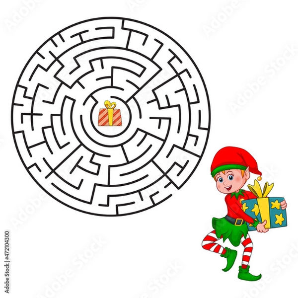 Fototapeta Maze or Labyrinth with Christmas Elf. Find right way to present box. Simple round maze with answer. Entry and exit. Logic puzzle game for kids. Education Labyrinth conundrum. Preparation for holiday.