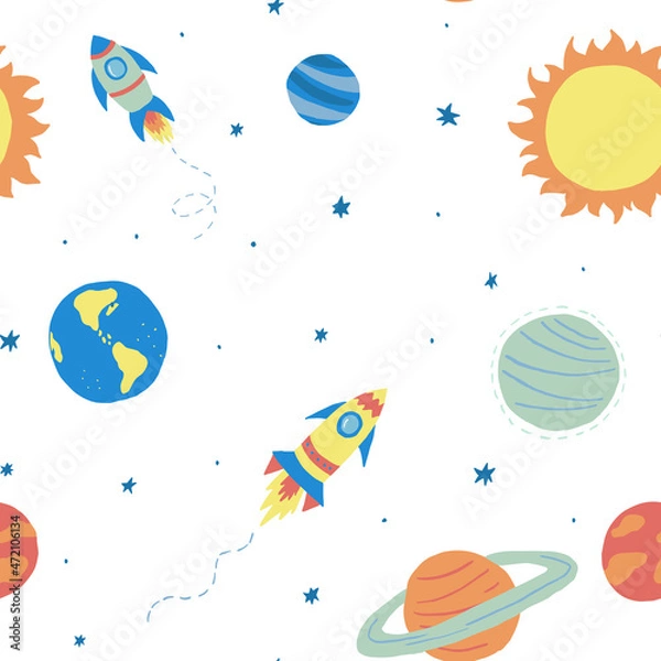 Fototapeta Colorful cosmic vector seamless pattern. Space texture for baby boy stuff design. Cute pattern with hand drawn elements for covers, wall paper, wrapping paper, fabric and other child designs