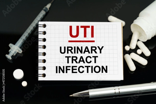 Fototapeta On the black surface are pills, a syringe and a notebook with the inscription - UTI-Urinary Tract Infection