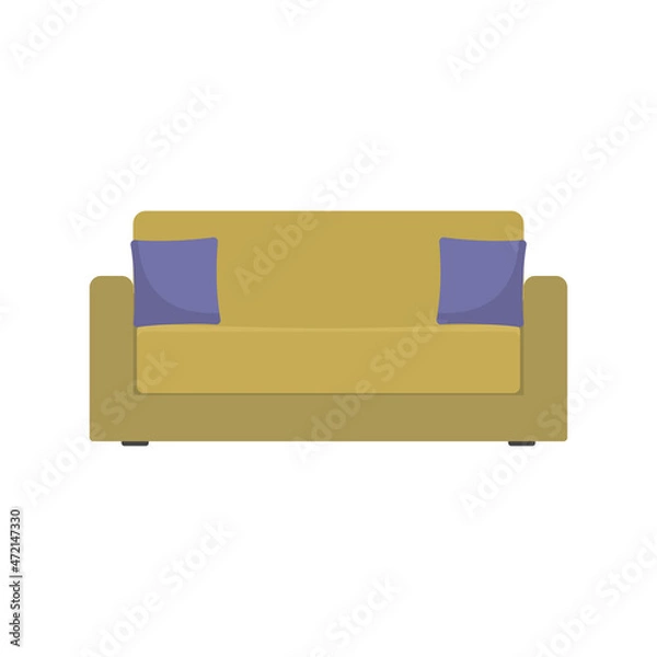 Fototapeta Beige sofa with blue cushions. Isolated on white background. Vector illustration.