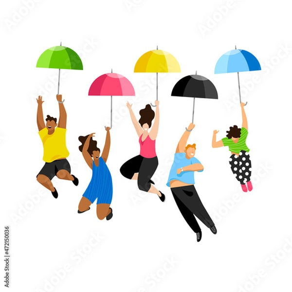 Obraz people with umbrellas. vector illustration of happy people. a set of color pictures