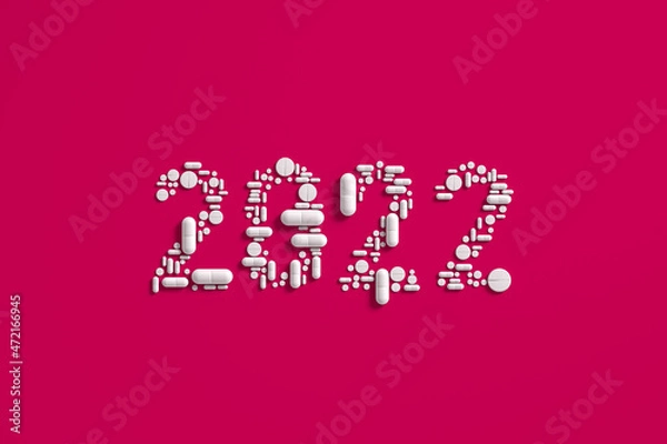 Fototapeta A pattern of many pills scattered on a blue background in the form of figures 2021. 3D illustration