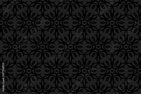 Fototapeta Embossed black background design.Texture with geometric volumetric convex ethnic elegant 3D pattern.Vector graphic template in the style of the peoples of the East, Asia, India, Mexico, Aztec.