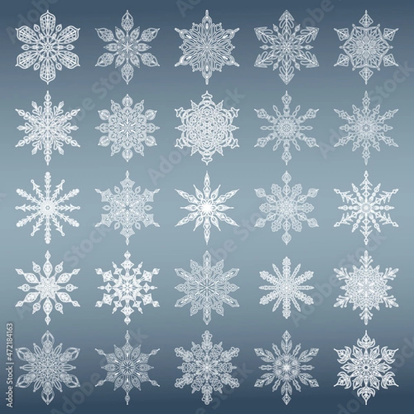 Obraz Set of 25 white snowflakes on a blue gradient background. A gentle symbol of winter. Openwork winter patterns.