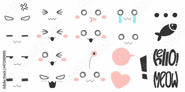 Obraz Kawaii Koty różne emocje: szczęśliwe, miłość, pocałunek, zły, płacz, zdezorientowany i itp. W stylu anime lub mangi. Ręcznie rysowany pakiet z zabawnymi twarzami kociaków w kreskówce płaski wzór na białym tle