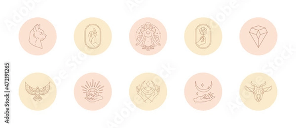 Obraz Set of icons and emblems for social media stories highlight covers in linear style vector illustration.