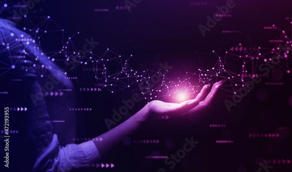 Fototapeta Metaverse Technology concepts. 
Woman hand holding global network connection. Internet communication, Wireless connection technology. Futuristic technology with polygonal shapes.	