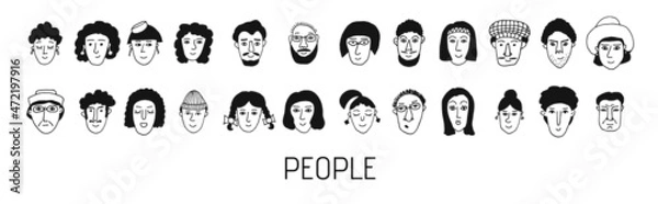 Fototapeta Set of people faces. Doodle style. Hand drawn vector illustration. Isolated portraits of men and women in black and white color. Cartoon character. Line Art.