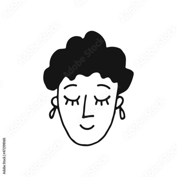 Fototapeta Portrait of a female face with earrings. Doodle style. Hand drawn vector illustration. Isolated portrait of woman in black and white color. Cartoon character. Line Art.