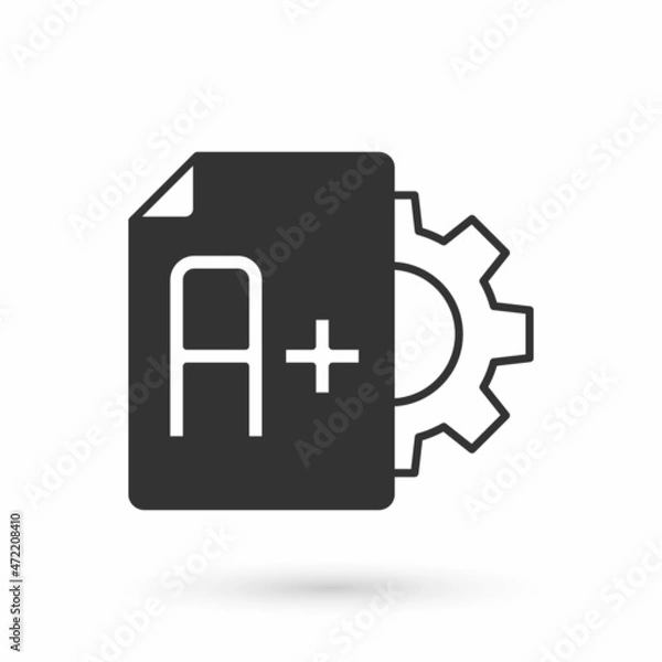 Obraz Grey Exam sheet with A plus grade icon isolated on white background. Test paper, exam, or survey concept. School test or exam. Vector